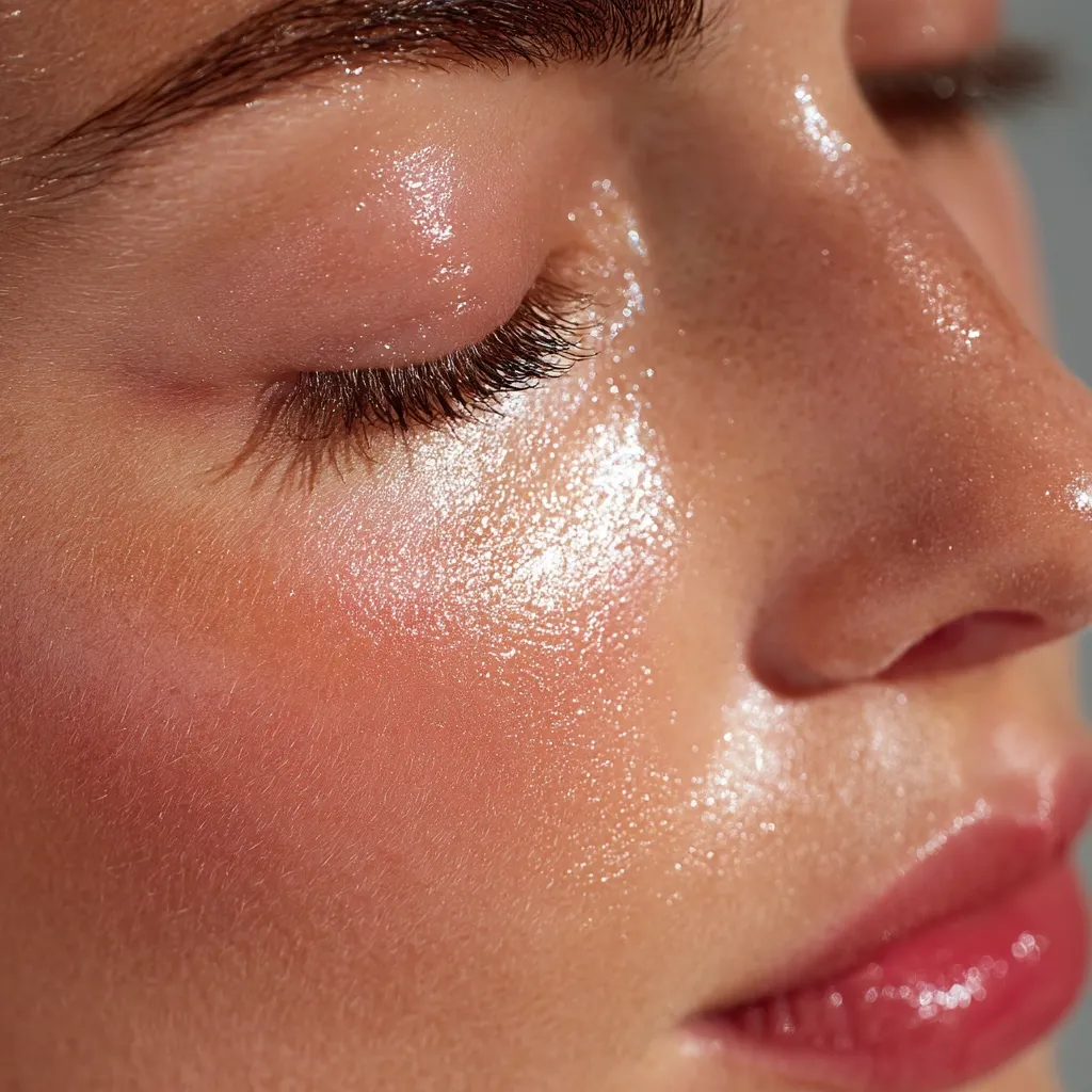 Close-up of a woman's face, showcasing radiant, dewy skin with a subtle shimmer.  Her eye is partially closed, revealing long lashes and a light, glossy eyeshadow.  A soft blush adds a natural flush to her cheeks, enhancing the overall luminous and healthy appearance. The focus is on the texture and shine of the skin.