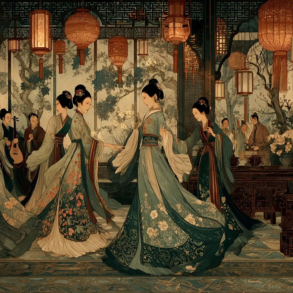 Elegant women in elaborate, flowing Hanfu gowns gracefully interact in a richly decorated Chinese palace.  Intricate patterns adorn their clothing and the surrounding architecture, complemented by hanging lanterns casting a warm glow.  Musicians play in the background, adding to the serene and refined atmosphere of the scene. The artwork evokes a sense of imperial courtly life.