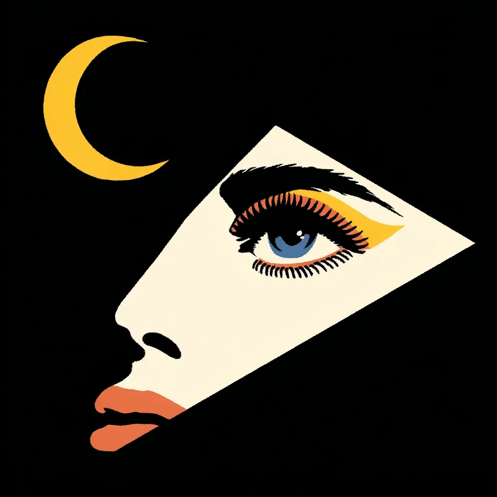 A stylized illustration features a woman's face partially obscured by a black shape, revealing only her eye and part of her profile.  Her eye is striking, with bold makeup in orange and yellow tones. A crescent moon is visible in the upper left corner against a black background, adding to the mysterious and dramatic atmosphere. The style is reminiscent of mid-century modern graphic design.