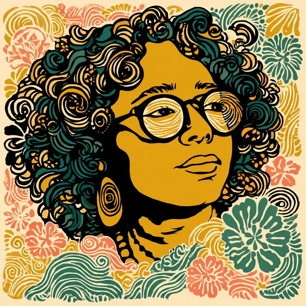 A stylized portrait of a woman with large, curly hair, depicted in teal and gold. She wears round glasses and large earrings. The background is a vibrant mix of swirling floral patterns in earthy tones, creating a visually rich and textured piece. The artwork uses bold lines and contrasting colors, suggesting a bold and confident personality.