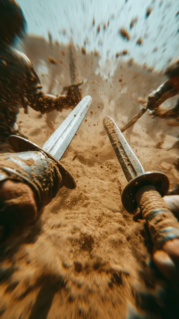 A chaotic battlefield scene unfolds, depicted through a dynamic, first-person perspective.  Two swords clash amidst a flurry of sand and motion blur, suggesting a fierce melee.  Figures of warriors are partially visible, their movements obscured by the dust and rapid action.  The gritty texture and intense motion convey the brutality and chaos of the combat.