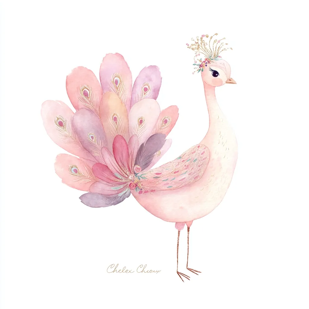 A watercolor painting of a whimsical peacock.  Its plumage is a soft palette of pinks, purples, and peaches, adorned with gold glitter accents.  The peacock wears a delicate floral crown, adding to its ethereal and charming appearance.  The style is delicate and feminine, ideal for children's decor or stationery.