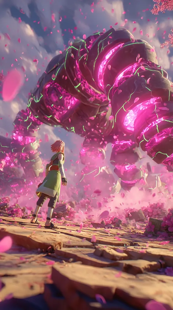 A young woman with pink hair stands before a colossal, glowing purple and grey structure.  Pink petals fall like a gentle rain from the sky, creating a surreal, almost dreamlike atmosphere. The structure appears ancient and powerful, contrasting with the small figure of the woman who seems to contemplate its immense scale. The scene suggests a moment of epic confrontation or profound mystery.