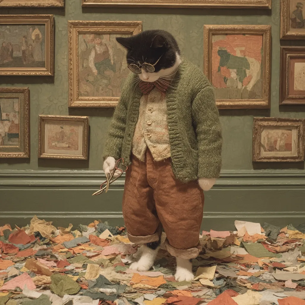 A tuxedo cat, dressed in a green cardigan, brown trousers, and a bow tie, stands amidst a floor strewn with colorful paper scraps.  The cat wears spectacles and holds a pair of glasses. The background features a wall adorned with numerous antique-style framed paintings, creating a whimsical, artistic scene.  The overall aesthetic is vintage and slightly surreal.