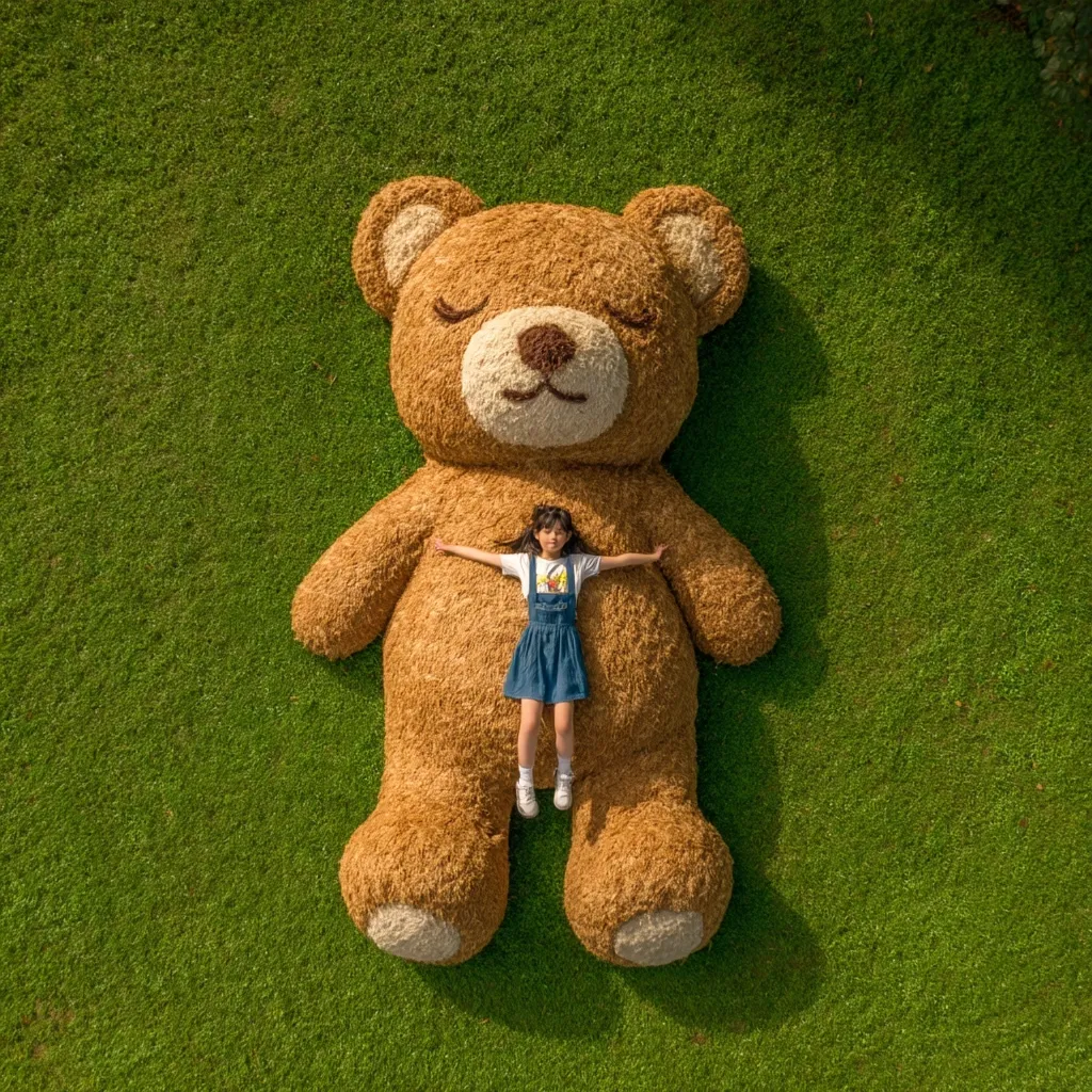 An aerial view shows a little girl lying on a giant teddy bear in a grassy field.  The teddy bear is light brown and very large, dwarfing the child. The girl is wearing a denim dress and has her arms outstretched. The scene is peaceful and whimsical, suggesting a carefree childhood moment.
