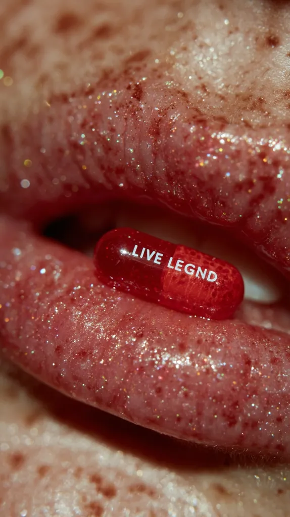 Close-up view of a pair of glossy lips, adorned with iridescent glitter.  A red capsule, inscribed with "LIVE LEGEND," is held gently between the lips. The image is highly textured, emphasizing the skin's freckles and the lip gloss's sparkle.  The overall aesthetic is vibrant and bold.