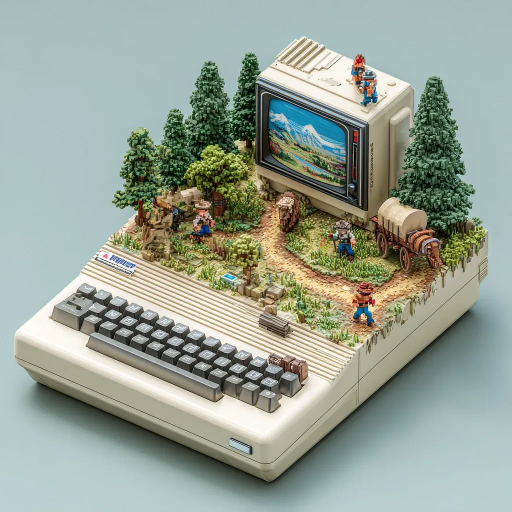 A meticulously crafted diorama depicts a pixelated 8-bit video game scene integrated onto a vintage Commodore 64 computer.  Miniature pixel figures traverse a woodland path, a wagon rolls along, and a mountainous landscape is displayed on the computer monitor. The scene's pixel art style perfectly complements the retro computer, creating a nostalgic and charming display of digital artistry.