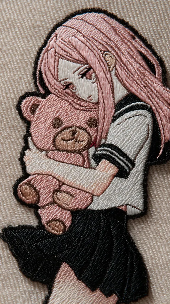 A detailed embroidered patch depicts an anime-style girl with long pink hair, wearing a sailor-style uniform. She's tenderly embracing a pink teddy bear, her expression soft and melancholic. The intricate stitching captures the texture of the hair, clothing, and the bear's fur, creating a three-dimensional effect.  The overall palette is soft pinks and browns against a cream background.
