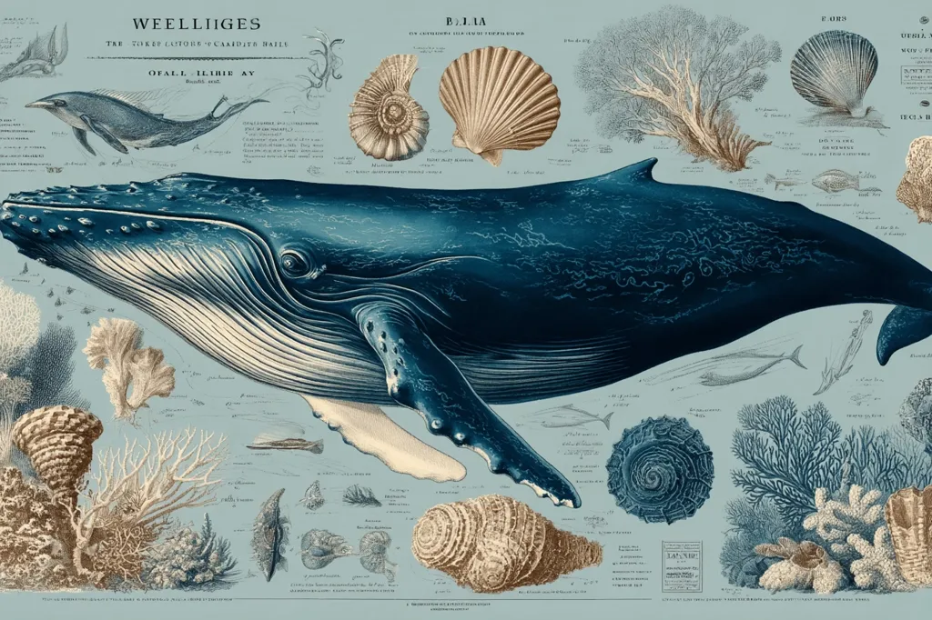 A vintage-style illustration showcases a humpback whale as the centerpiece, surrounded by various marine life and shells.  Detailed depictions of coral, ammonites, scallops, and other sea creatures are arranged around the whale, creating a comprehensive underwater tableau.  The image uses a muted blue and beige color palette, characteristic of antique natural history prints.  Scientific labels and text accompany the illustrations, enhancing the educational aspect of the artwork.