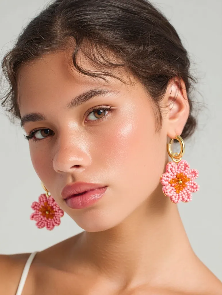 Close-up portrait of a young woman with naturally glowing skin and dark brown hair styled in loose waves. She's wearing a pair of eye-catching beaded flower earrings in shades of pink and orange, hanging from gold hoops. Her makeup is minimal and enhances her natural features. The overall aesthetic is fresh, clean, and subtly bohemian.