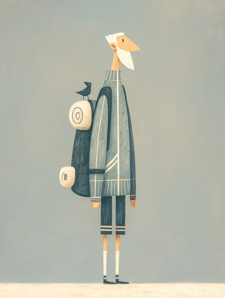 An illustration of an elderly man, stylized with simple shapes and muted colors, stands against a pale gray background.  He carries a large backpack, seemingly packed for a journey, with a small bird perched atop.  The man's attire consists of a long-sleeved sweater, shorts, and socks, suggesting preparedness for travel. The overall style evokes a sense of quiet adventure and solitude.