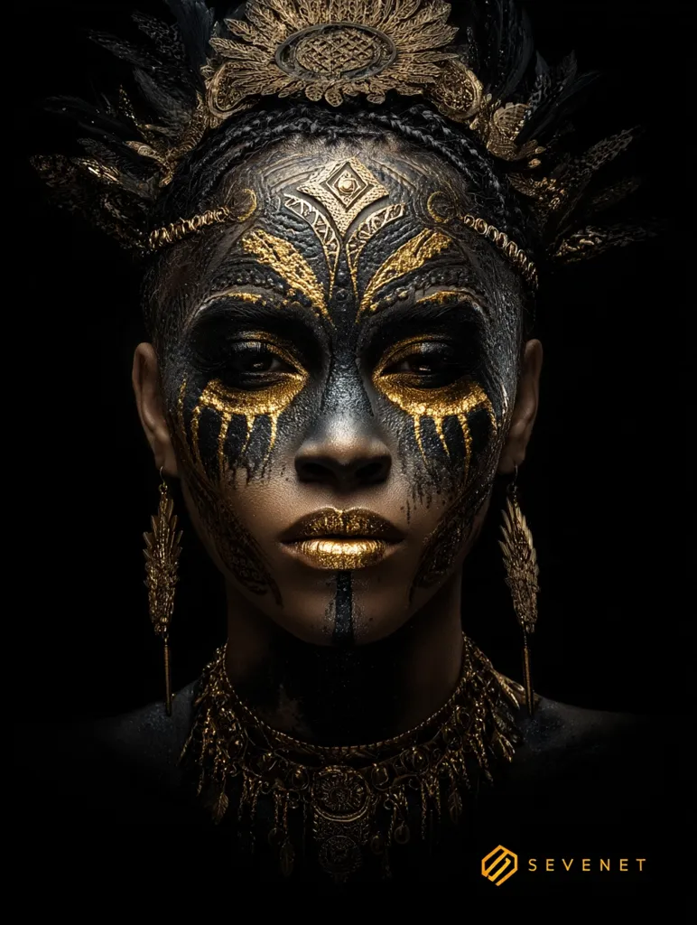 A close-up portrait of a woman adorned in elaborate gold and black makeup.  Intricate gold designs cover her face, complemented by a large, ornate gold headdress and matching jewelry.  The dark background accentuates the metallic accents, creating a striking and dramatic visual. The overall effect is regal and powerful.