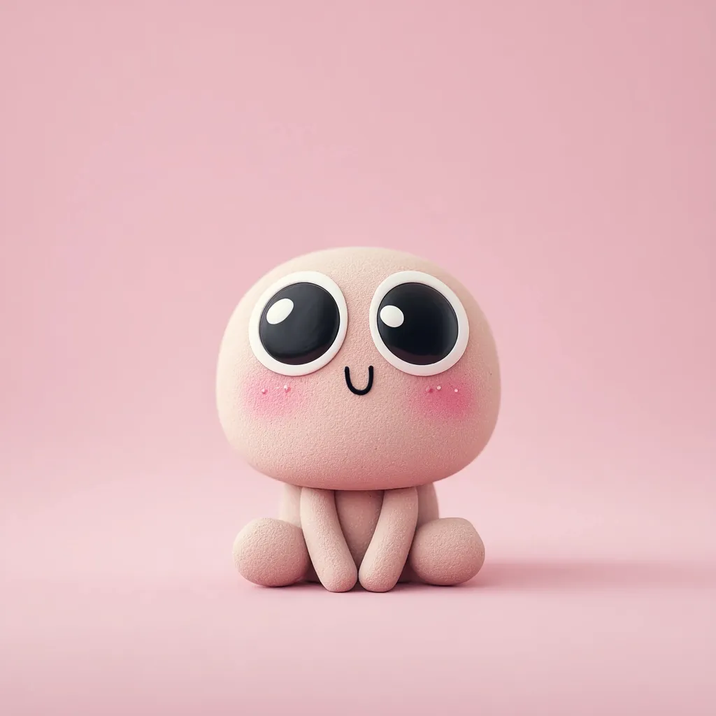 A cute, round, pink creature with large, expressive eyes sits on a matching pink background.  Its simple, cartoonish features convey happiness and innocence. The creature appears to be made of clay or a similar material, giving it a soft, handmade quality. The overall image is cheerful and evokes feelings of warmth and comfort.