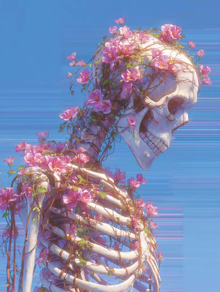 A human skeleton is adorned with vibrant pink flowers and vines, creating a striking contrast between life and death.  The image is stylized with a soft, dreamy aesthetic against a light blue, horizontally streaked background.  The flowers appear to be blooming profusely, covering the skull and ribcage, suggesting a theme of rebirth or the beauty found in mortality.  The overall effect is surreal and captivating.
