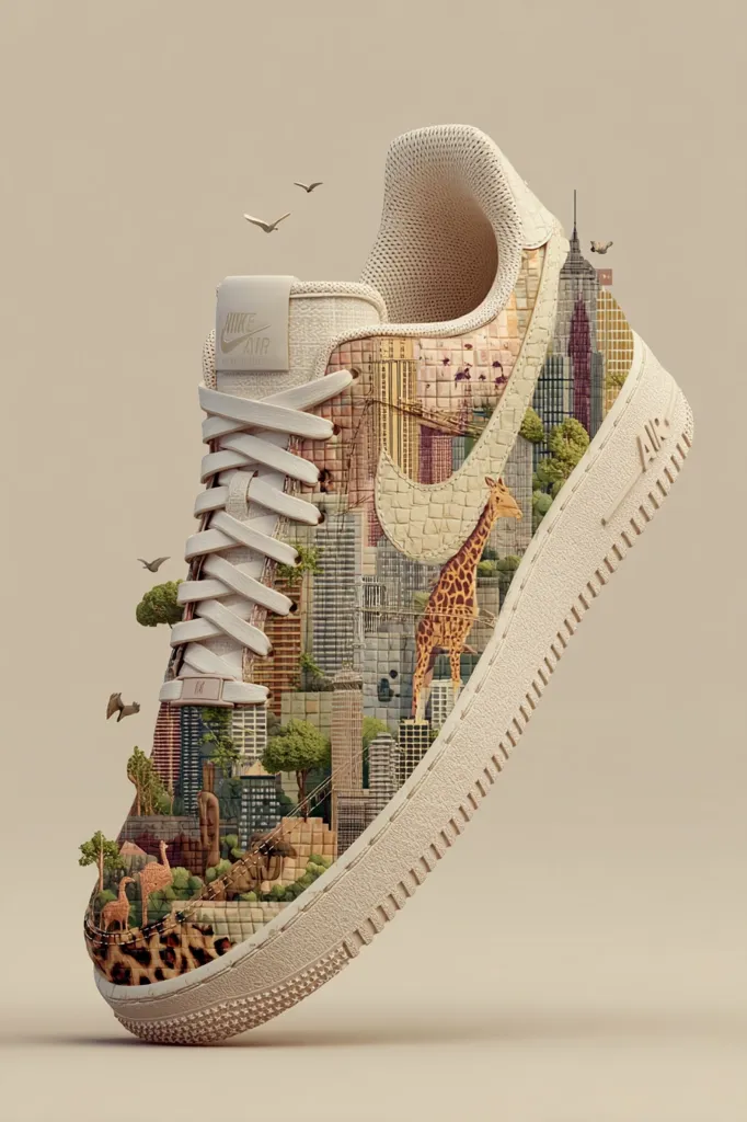 A beige Nike Air Force 1 sneaker is depicted, its design incorporating a miniature cityscape and wildlife.  Buildings, a giraffe, and other animals are intricately detailed on the shoe's surface, creating a surreal, miniature world contained within the sneaker. The shoe is presented against a muted beige background, highlighting its unique design.  The overall aesthetic is calm and artistic.