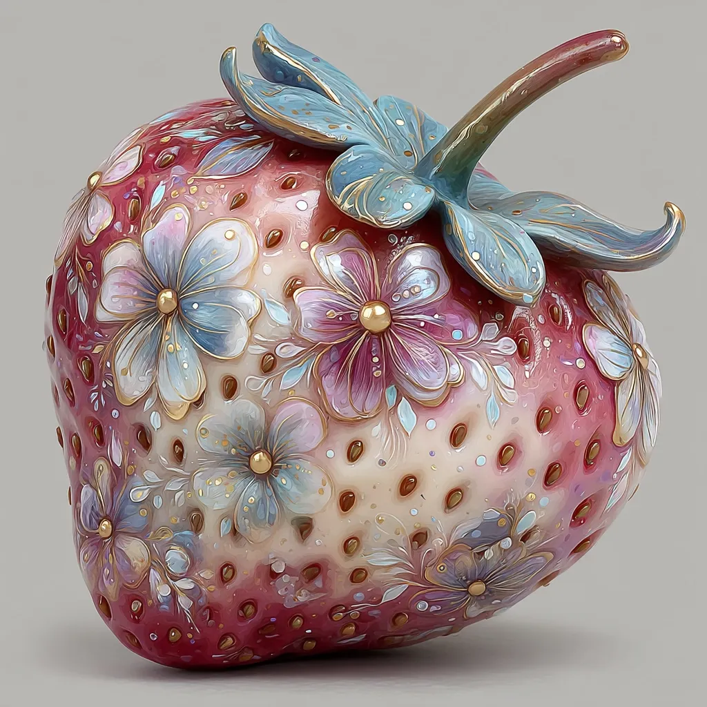 A meticulously crafted strawberry sculpture is adorned with delicate floral designs.  The piece is predominantly a creamy off-white, accented with shades of pink and blue flowers, each featuring tiny gold centers. The strawberry's leaves are a pale teal, enhancing the overall pastel color palette.  Gold highlights add to the artwork's elegant and ornate appearance.  The realistic form of the strawberry contrasts beautifully with the painted floral embellishments.
