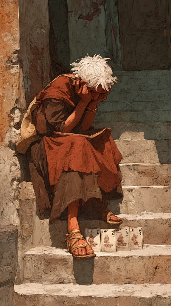 An elderly woman with short, white hair sits on weathered stone steps, her face hidden in her hands. She wears a long, reddish-brown robe and simple sandals.  A small stack of cards or pamphlets lies at her feet. The setting suggests a worn, possibly ancient, urban environment. The overall mood is one of weariness and solitude.