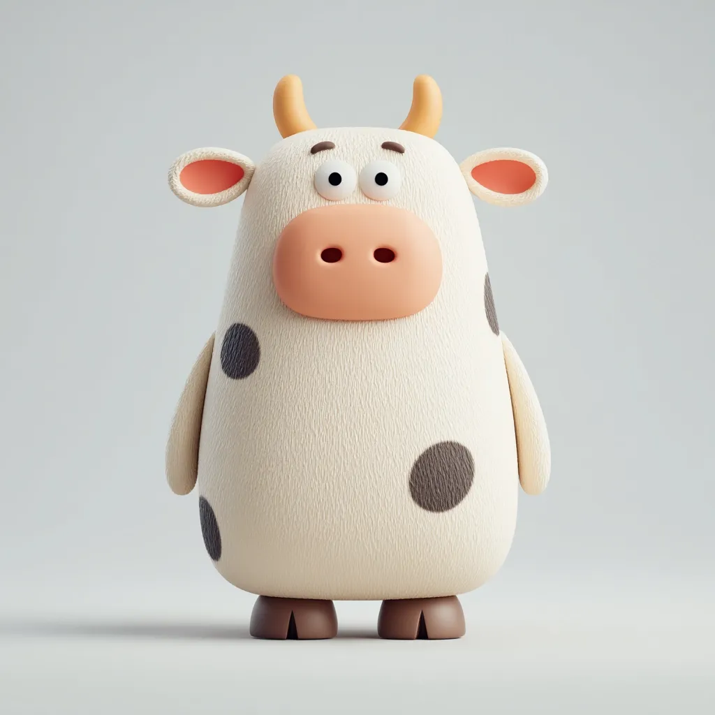 A charming, cartoonish cow stands against a light gray background.  Its creamy white body is adorned with dark brown spots, and it features large, expressive eyes and small, rounded ears.  The cow's horns are a pale yellow-orange, adding to its playful design. The overall texture suggests a soft, plush material. The simple background accentuates the cow's endearing features.