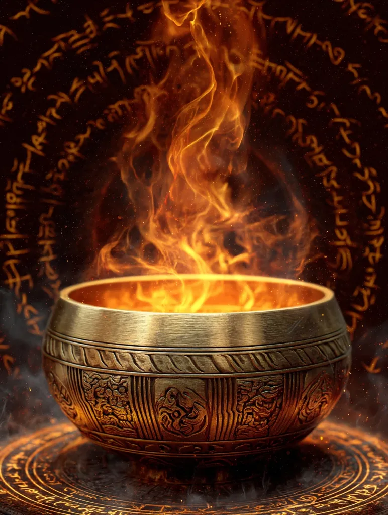 A large, ornate, golden singing bowl sits on a dark circular surface inscribed with arcane symbols.  Fiery, orange flames rise from within the bowl, creating a mystical and atmospheric scene.  The bowl's intricate carvings are highlighted by the firelight, adding to the sense of mystery and ritual.  The background is dark, further emphasizing the glowing bowl and flames.