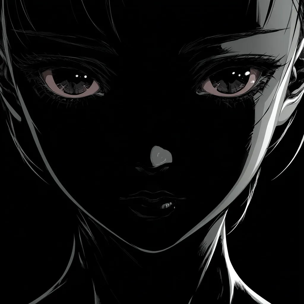 A close-up, stylized illustration of a young woman's face.  Rendered in grayscale, the image emphasizes strong contrasts between light and shadow. Her large, expressive eyes are the focal point, drawing the viewer's attention.  The overall style is reminiscent of anime or manga, with a focus on dramatic linework and subtle shading.  The dark background isolates the figure, creating a sense of mystery and intrigue.