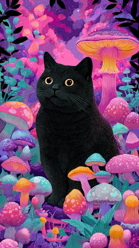 A black cat sits serenely amidst a vibrant, psychedelic landscape of glowing mushrooms and plants.  The background is a swirling nebula of pink, purple, and teal. The mushrooms are various sizes and colors, creating a fantastical and enchanting scene. The cat's large, expressive eyes seem to gaze out at the viewer, adding a touch of mystery to the artwork.