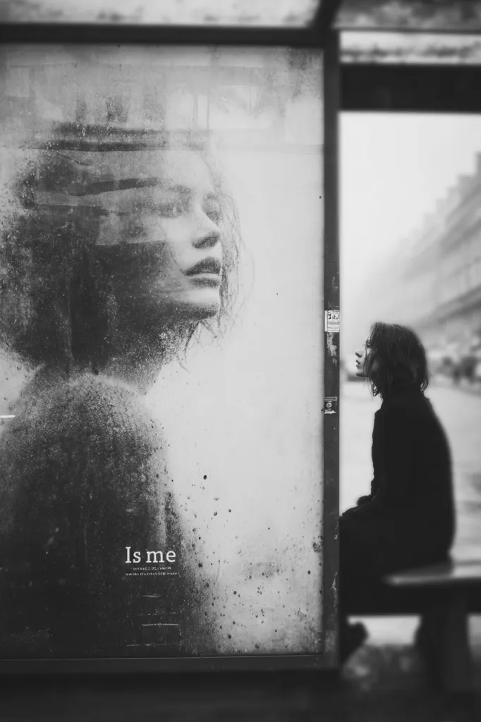 A monochrome image depicts a young woman seated at a bus stop, gazing at a weathered billboard.  The billboard features a blurred, ethereal portrait of a woman's face, overlaid with the words "Is me."  The contrast between the real and the depicted woman, along with the poster's distressed texture, evokes a sense of introspection and contemplation. The overall mood is melancholic and reflective.