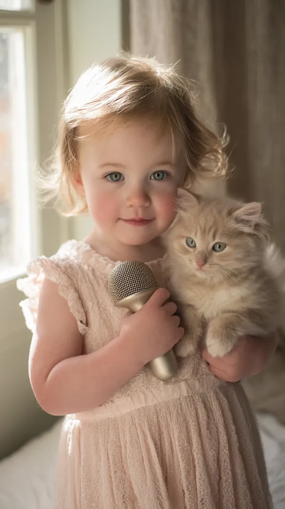 A toddler girl with blonde hair, wearing a delicate pink dress, holds a small microphone and a fluffy, light brown kitten close to her chest.  Sunlight streams in from a nearby window, illuminating her face and hair.  The scene is soft and intimate, capturing a sweet moment of childhood.