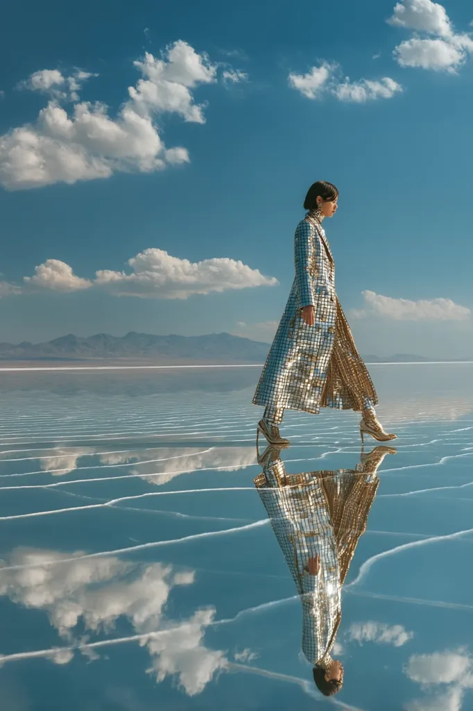 A woman in a shimmering gold sequined coat walks across a vast, mirror-like salt flat.  The sky is a brilliant blue dotted with fluffy white clouds, which are perfectly reflected in the glassy surface below.  Mountains are visible in the distance, creating a dramatic yet serene landscape. The image conveys a sense of ethereal beauty and quiet solitude.