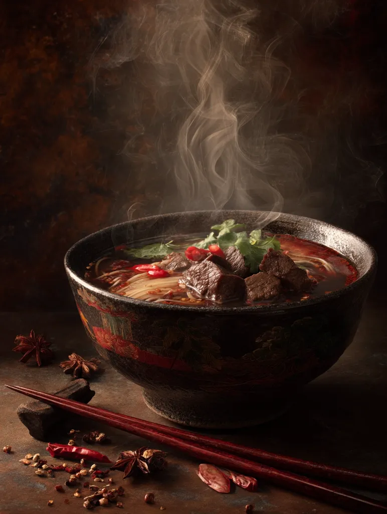 A steaming bowl of beef noodle soup is the centerpiece of this dark, moody image.  The rich, dark broth is filled with tender beef chunks and noodles, garnished with fresh cilantro and chili peppers.  A pair of chopsticks and scattered spices add to the scene's evocative atmosphere, suggesting a flavorful and warming culinary experience.  The bowl itself is dark and ornate, adding to the overall visual appeal.