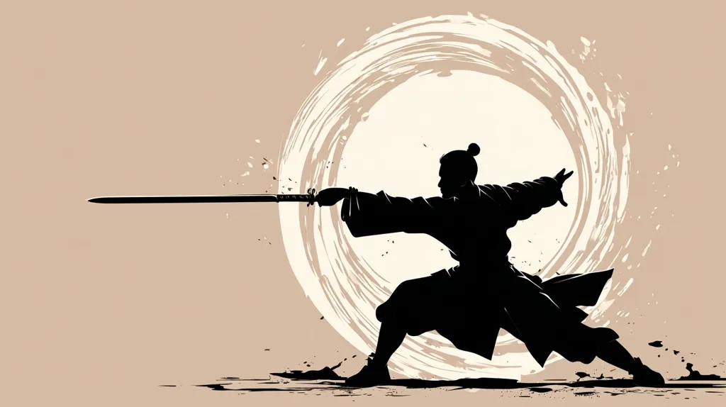 The image depicts a silhouette of a warrior, possibly a samurai, in dynamic motion.  He wields a long sword, extending his arm powerfully.  The background features a swirling, abstract design in off-white, suggestive of movement and energy. The overall style is minimalist and evocative of traditional Japanese art. The warrior's pose conveys strength, focus, and the intensity of combat.