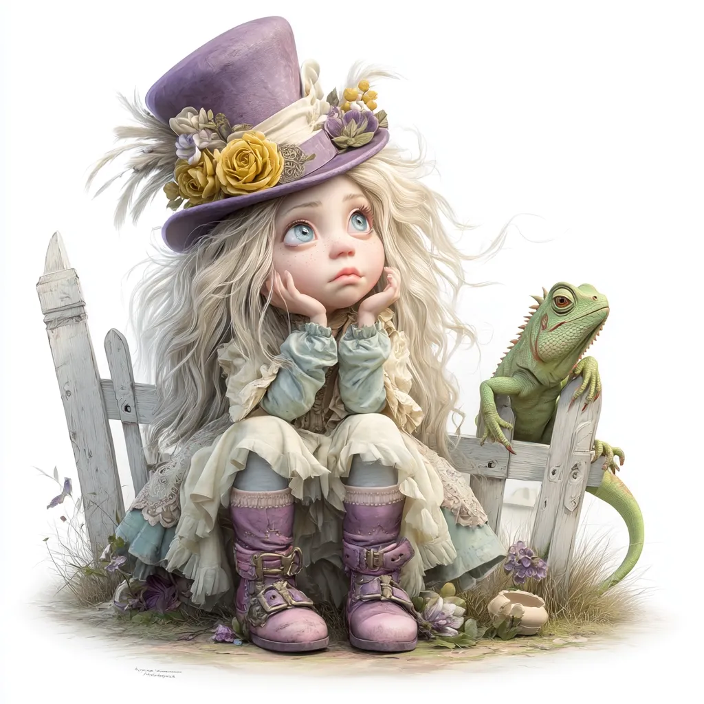 A digital painting depicts a whimsical girl with long blonde hair, wearing a lavender top hat adorned with flowers, and a frilly dress.  She sits pensively on a small white picket fence, her hands cupped under her chin. A green iguana rests on the fence beside her, seemingly sharing her contemplative gaze. The scene is detailed, with soft lighting and a dreamy atmosphere.