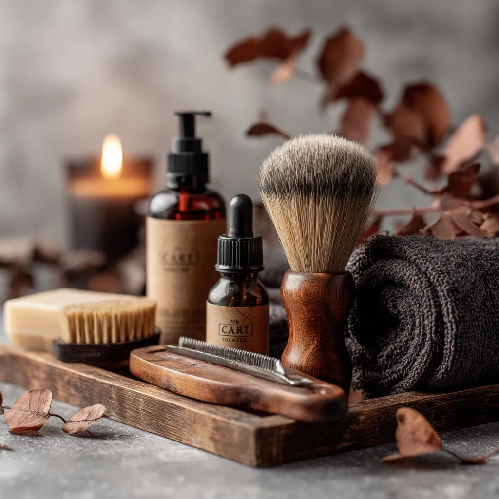 A rustic wooden tray holds a curated collection of men's grooming essentials.  A badger shaving brush, a comb, soap, and bottles of beard oil and wash are arranged alongside a dark towel and a burning candle, creating a calming and masculine ambiance. The overall aesthetic is sophisticated and natural, suggesting a focus on high-quality, handcrafted products.