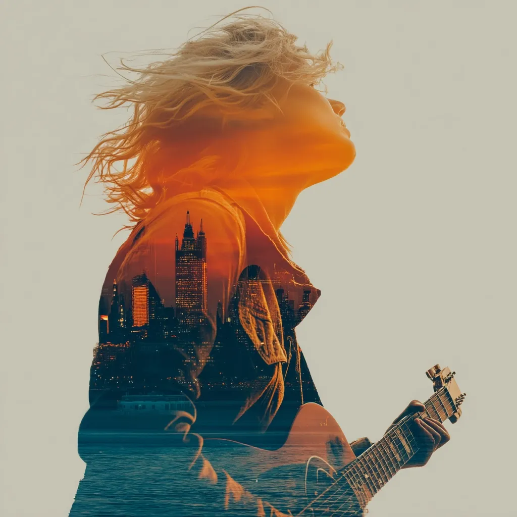 A double exposure image features a young woman with windblown blonde hair, playing an acoustic guitar.  The silhouette of a cityscape at sunset is superimposed over her body, blending the urban landscape with the musician.  Warm, orange tones dominate the image, creating a dreamlike and evocative mood. The woman's head is tilted back, suggesting contemplation or inspiration.