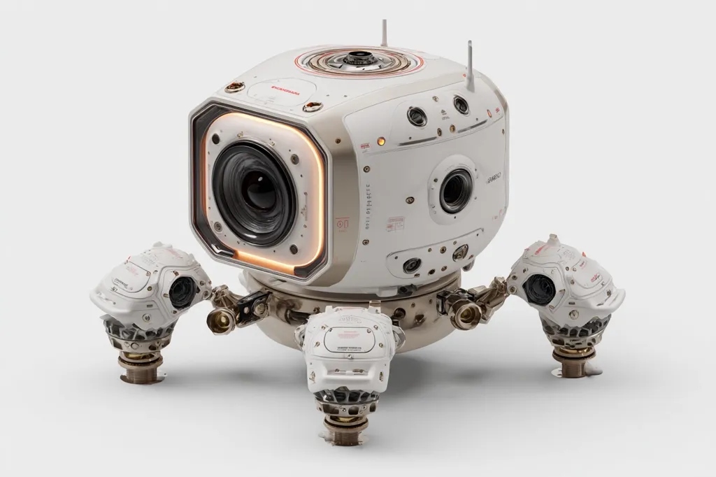 A futuristic, cube-shaped robot with four articulated legs stands on a white background.  Its body is predominantly white with gold accents, featuring numerous ports, antennas, and a large central camera lens encircled by an orange glow.  The robot's design suggests advanced technology and a potential surveillance or exploration role.  The overall aesthetic is clean and minimalist.