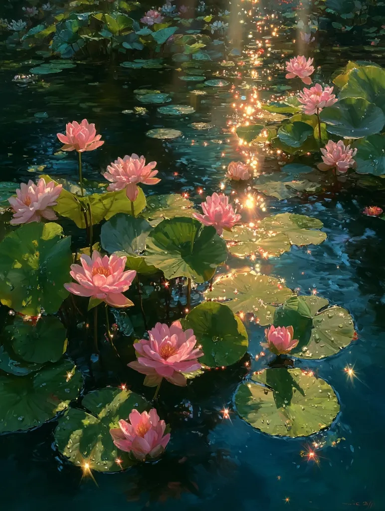 A serene painting depicts a tranquil pond teeming with vibrant pink water lilies.  Sunlight streams through the water, creating shimmering sparkles on the surface. Lush green lily pads surround the blossoms, enhancing the idyllic atmosphere. The overall effect is one of peace and natural beauty.