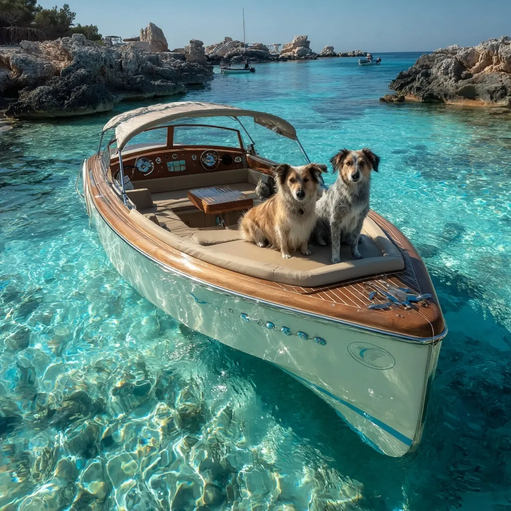 Two adorable dogs, a fluffy brown and a blue merle, sit contentedly on a classic wooden boat.  The boat floats in crystal-clear turquoise water, surrounded by picturesque rocky shores and a calm sea.  The scene is idyllic, suggesting a peaceful and luxurious day out in a stunning natural setting.  The dogs appear relaxed and happy, enjoying the boat trip.