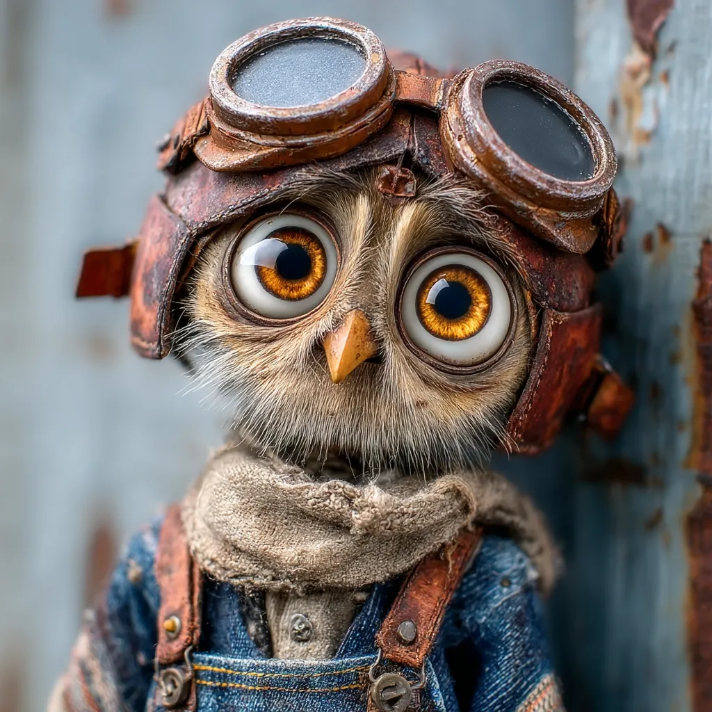 A charming, anthropomorphic owl doll is depicted.  It wears oversized goggles, a weathered leather aviator helmet, a denim overall outfit, and a beige scarf.  The owl's large, expressive eyes convey a curious and slightly melancholic expression. The setting appears to be a rustic, industrial background, enhancing the doll's vintage aesthetic.