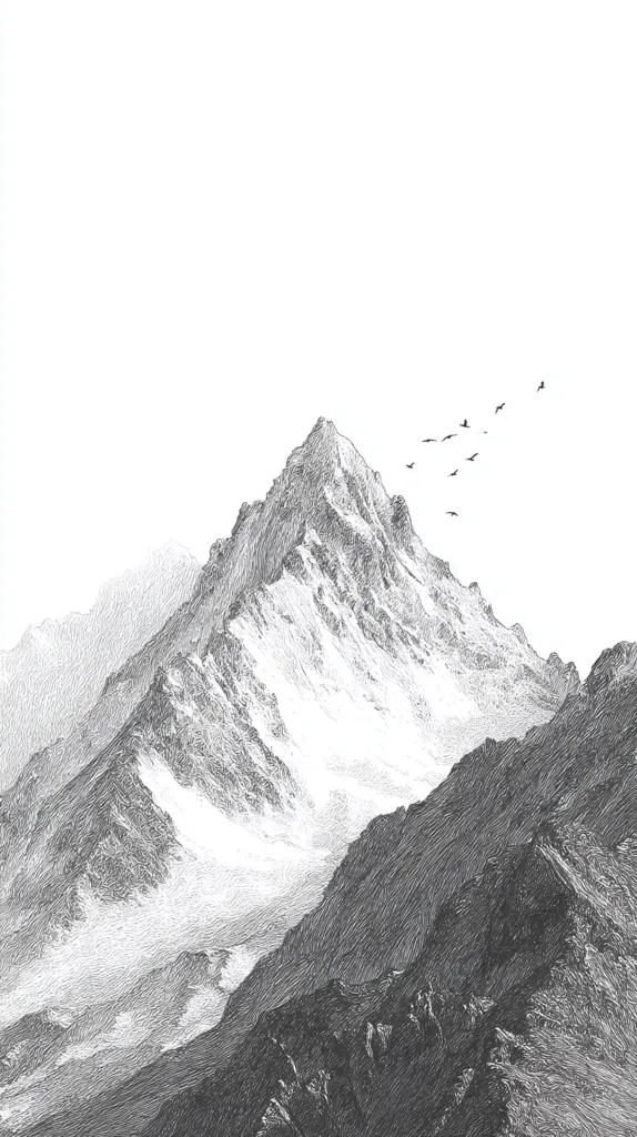 A monochromatic sketch depicts a majestic mountain range, its peaks sharply defined against a clear sky.  A flock of birds flies across the upper right, adding a sense of scale and movement.  The detailed shading emphasizes the texture of the snow-capped peaks and the rugged slopes, creating a serene yet powerful image.  The style evokes a classic, almost antique, aesthetic.