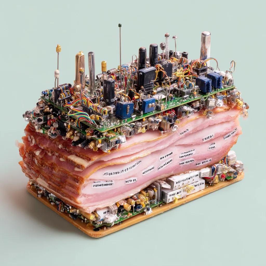 A complex arrangement of circuit boards and electronic components is sandwiched between layers of bacon, creating a surreal juxtaposition of technology and food.  The bacon acts as a structural element, holding the intricate electronic layers together.  Small handwritten labels are visible on the bacon slices, adding to the quirky, artistic presentation. The overall effect is a striking and unusual image.