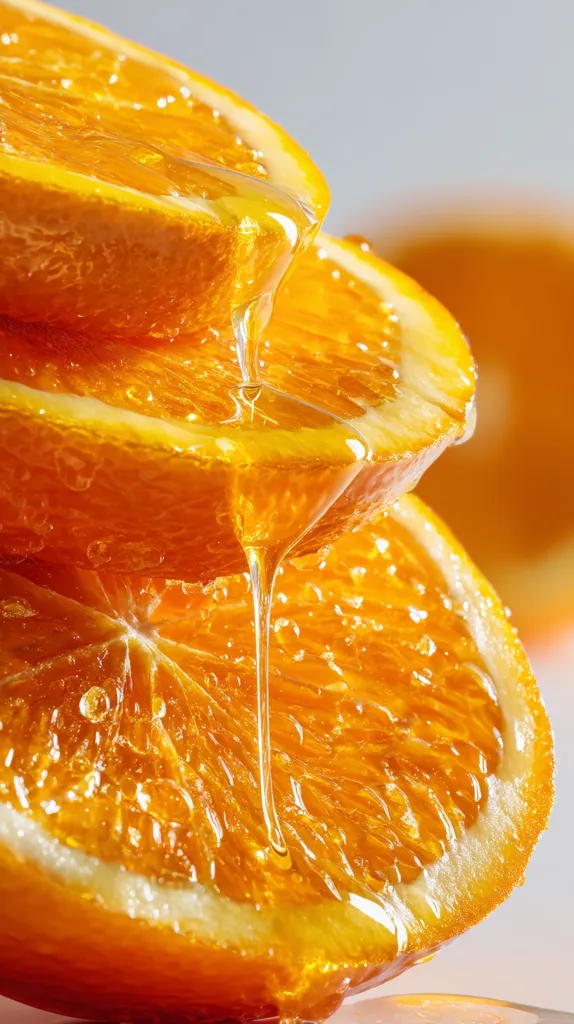 Three juicy orange slices are stacked, with a golden honey-like liquid dripping down.  The vibrant oranges glisten, showcasing their segments and texture.  The background is blurred, drawing focus to the glistening citrus and the sweet, viscous flow of the honey.  The image evokes freshness and natural sweetness.