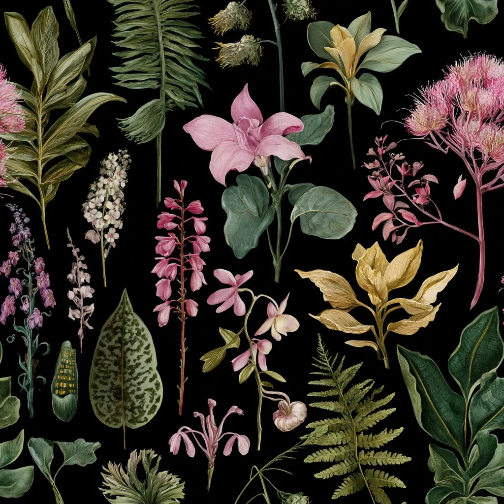 A dark background showcases a vibrant botanical print.  Pink, orchid-like flowers, delicate pink blossoms, and gold-toned leaves are arranged amongst lush ferns and tropical foliage.  The detailed artwork features a variety of plant life, creating a rich, textured, and densely patterned design.  The color palette is a sophisticated blend of deep greens, soft pinks, and muted golds.
