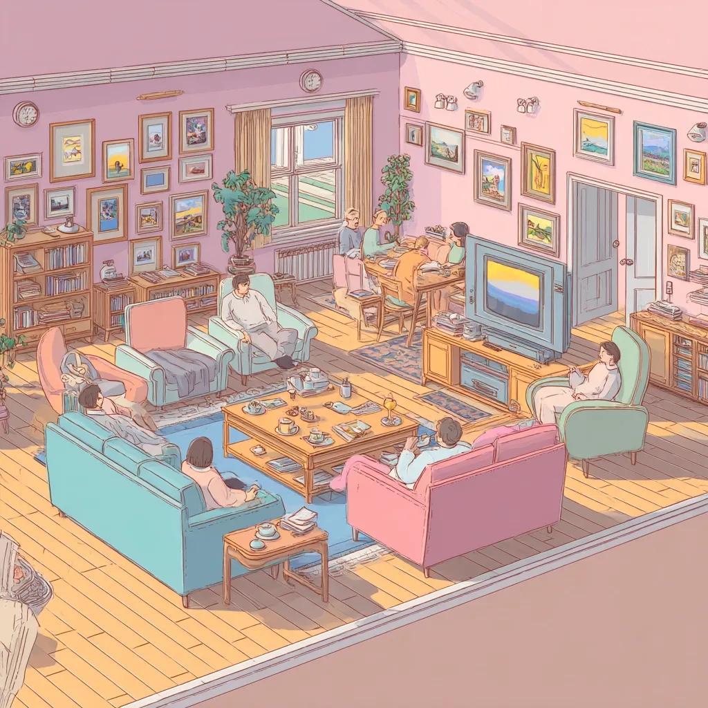 A pastel-toned illustration depicts a spacious living room filled with people.  Multiple seating areas are arranged around a coffee table, with individuals relaxing on sofas and armchairs.  A family gathers around a dining table, while others watch television.  The walls are adorned with numerous framed pictures, creating a cozy and homey atmosphere.  The overall style is reminiscent of gentle, nostalgic illustration.