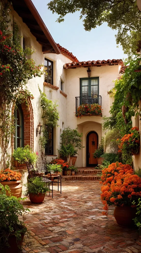 A charming Spanish-style courtyard features a brick pathway leading to a wooden door.  The white stucco walls are adorned with lush greenery, vibrant flowers in terracotta pots, and arched windows.  Iron balconies and wrought iron furniture add to the romantic atmosphere.  The overall ambiance is one of peaceful Mediterranean beauty.