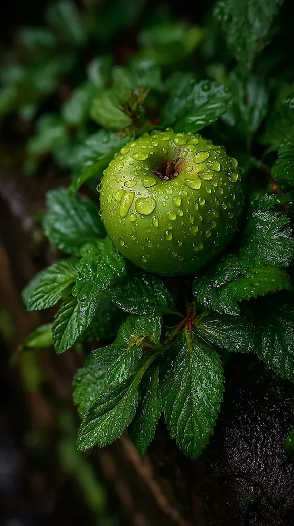 A vibrant green apple, glistening with raindrops, rests nestled amongst lush, dewy foliage. The leaves, rich in color and texture, surround the apple, creating a visually appealing contrast. The overall scene is one of natural beauty, emphasizing the freshness and vibrancy of the apple and its environment.  The dark background enhances the focus on the apple and its verdant surroundings.