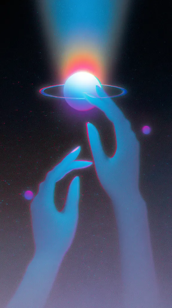 Two ethereal, blue hands gently cradle a vibrant, glowing planet in the cosmos.  Surrounded by a ring of light, the planet emanates a warm, colorful aura against the dark backdrop of space.  Small stars and planets twinkle in the distance, creating a dreamlike, otherworldly scene.  The overall effect is one of serene cosmic wonder.