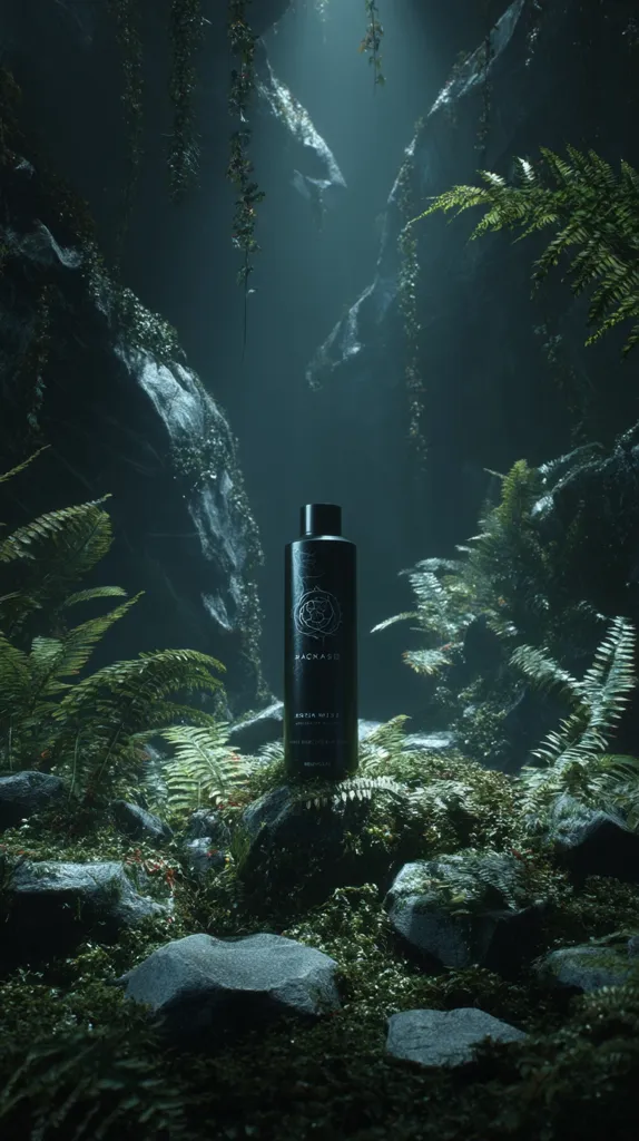 A dark, moody image showcases a black bottle of "Backstage Forza Mille" hair product nestled amongst rocks and lush, verdant ferns in a dimly lit, mysterious forest setting.  A single beam of light illuminates the bottle, highlighting its sleek design against the backdrop of the natural environment. The overall atmosphere is one of serene, secluded beauty.