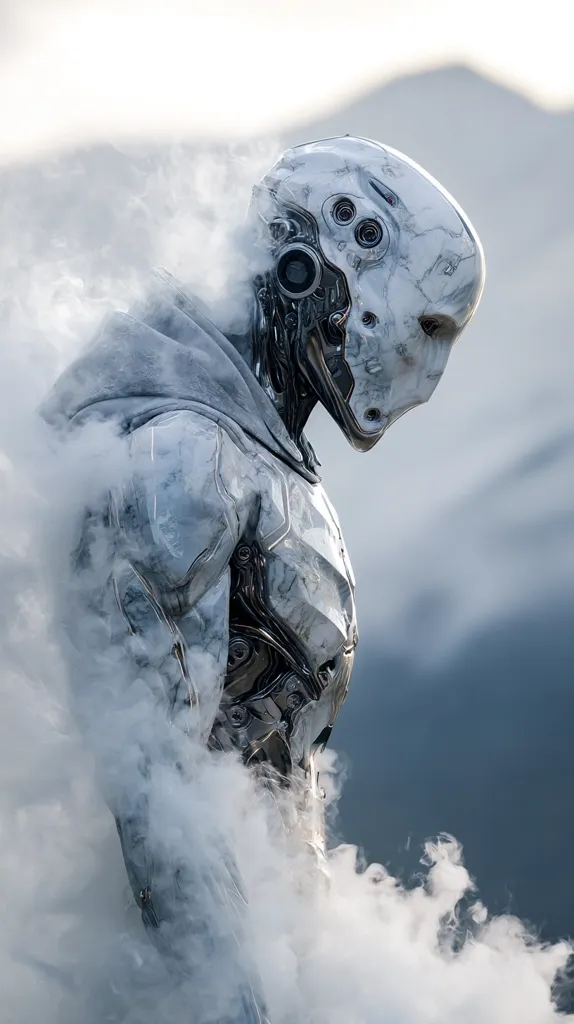 A futuristic robot, cloaked in a white, marble-like exoskeleton, stands amidst a billowing cloud of smoke against a mountainous backdrop.  Its helmet is sleek and angular, with visible mechanical components. The robot's posture suggests contemplation or dejection, creating a sense of mystery and technological awe.  The overall aesthetic blends science fiction with a contemplative mood.
