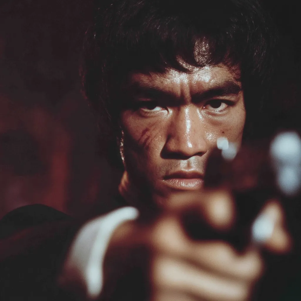 A close-up shot of Bruce Lee, his face bearing a fierce expression and a few scratches. He's intensely focused, aiming a gun directly at the viewer, his hand obscuring much of the weapon. The dark, moody lighting enhances the dramatic tension of the scene, emphasizing Lee's stern gaze and the seriousness of the moment.  The image is reminiscent of a film still, showcasing his powerful presence.