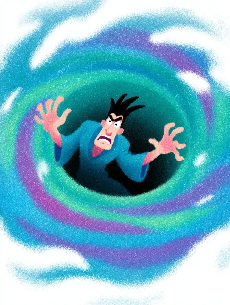 A stylized cartoon man with dark hair and a teal robe is depicted falling into a swirling, iridescent vortex.  His expression is one of fear and desperation as his hands reach out. The vortex is predominantly teal and blue, with hints of purple and green, creating a dynamic and slightly chaotic scene. The style is reminiscent of animation or children's illustration.