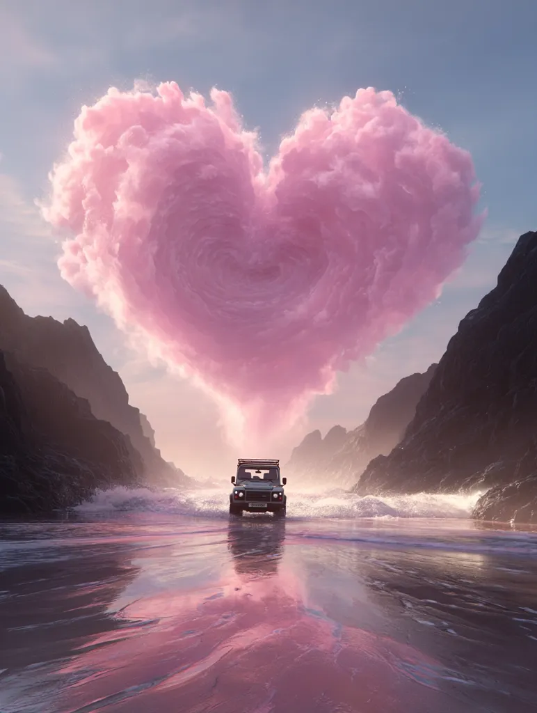 A Land Rover drives along a tranquil beach, the waves gently lapping at the shore.  Above, a massive, heart-shaped pink cloud dominates the sky, casting a soft, romantic glow on the scene.  Dark cliffs frame the picturesque landscape, creating a surreal and beautiful image. The overall mood is serene and dreamlike.